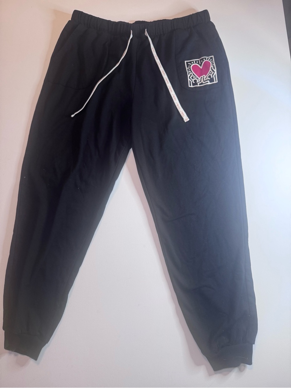 Keith Haring Official Extra Soft Black Jogger Sweatpants with Pink Heart Patch